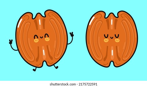 Carácter gracioso de Pecan. Caricatura dibujada a mano del vector icono de ilustración del personaje kawaii. Aislado sobre fondo azul. Concepto de personaje de Happy Pecan