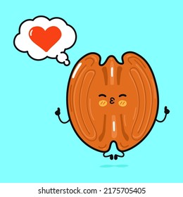 Cute funny Pecan doing yoga with speech bubble. Vector hand drawn cartoon kawaii character illustration icon. Isolated on blue background. Happy Pecan in love character concept