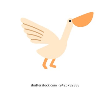 Cute funny pelican. Baby bird, exotic tropical feathered animal with big beak spreading wings. Wild fauna in kids childish style. Childrens flat vector illustration isolated on white background