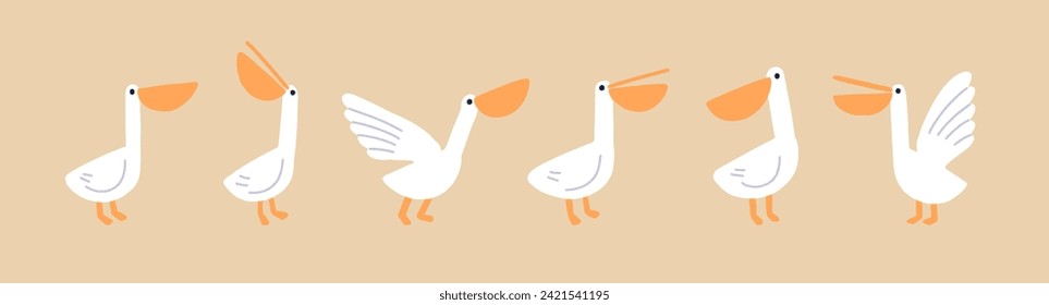 Cute funny pelicans set. Exotic water bird with big beak. Tropical fauna, adorable amusing feathered animals walking. Isolated kids childish flat vector illustrations