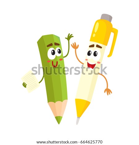 Cute, funny pen and pencil characters with smiling human faces cheering, clapping hands, cartoon vector illustration isolated on white background. Smiling student pen and pencil characters, mascots
