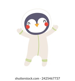 Cute funny penguin astronaut in space suit cartoon character illustration. Hand drawn animal, Scandinavian style flat design, isolated vector. Kids print element, space adventure, travel, science