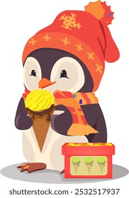  cute funny penguin character wearing Santa Claus hat enjoying a tasty ice cream cone treat. Isolated vector adorable baby bird with tasty dessert celebrates Christmas. Funny and cute personage