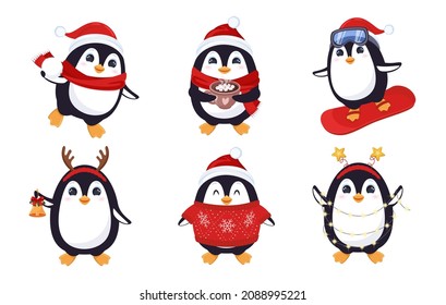 Cute funny penguin characters set with Santa hat isolated on white background. Snowball, warm, snowboard, deer horns6 red sweater, celebrate.