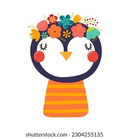 Cute funny penguin in floral wreath, t-shirt. Hand drawn cartoon character illustration. Scandinavian style flat design, isolated vector. Kids print element, flower crown, summer blooms, blossoms