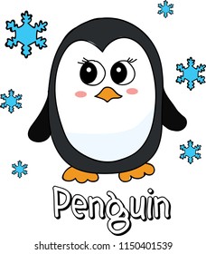 Cute, funny penguin has big eyes with sketch of snowflakes illustration. emoji, cartoon character, sketch vector
