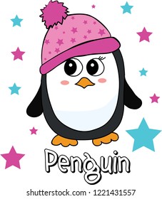 Cute, funny penguin has big eyes with sketch of snowflakes and music letters illustration. emoji, cartoon character, sketch vector. Happy christmas, winter