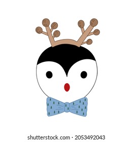 Cute funny penguin head wearing bow tie and horns, hand drawn cartoon wild animal Christmas character for holiday decor, poster, greeting cards, invitations