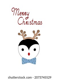Cute funny penguin head wearing bow tie and horns, card template vector illustration, wild animal Christmas character for holiday decor, poster, winter holidays greeting card template, banner