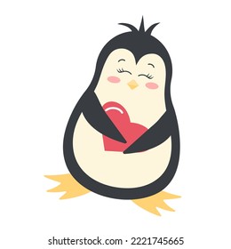 Cute funny penguin holding a heart. Antarctic bird, cartoon character isolated on white background.