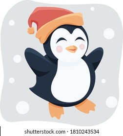 Cute funny penguin in a red hat on light background with falling snow vector flat cartoon illustration. Winter bird. Winter card, poster. New year style, holidays vibes, christmas mood.