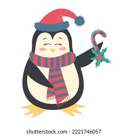 Cute funny penguin in a scarf and hat holding a candy cane with holly. Antarctic bird, cartoon character isolated on white background.