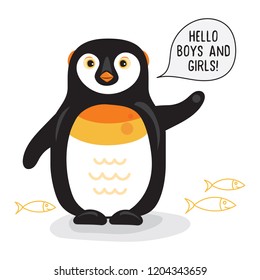 Cute funny penguin stands on two paws and says Hello, isolated on white, vector illustration