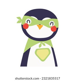 Cute funny penguin superhero in costume cartoon character illustration. Hand drawn Scandinavian style flat design, isolated vector. Kids print element, cool, brave animal, comic book super hero