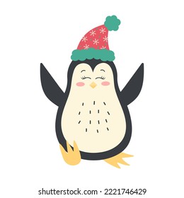 Cute funny penguin in a winter hat. Antarctic bird, cartoon character isolated on white background.