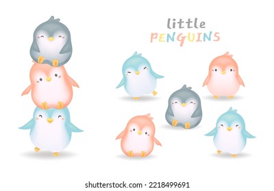 Cute and funny penguins set with different poses