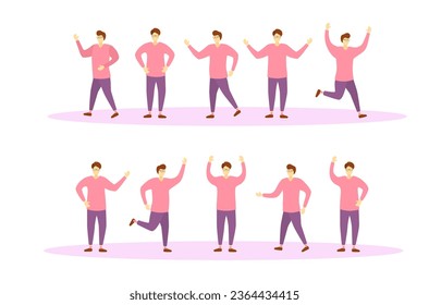 Cute funny people performing sports activities. Health men are exercising character design set. Young healthy sportsman man posing, different action. Fitness. Healthy lifestyle vector banner. 