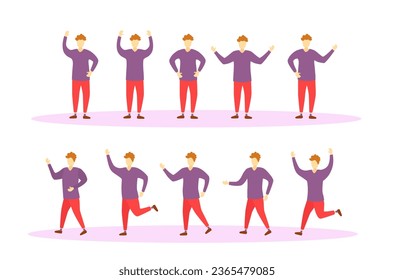 Cute funny people performing sports activities. Health men are exercising character design set. Young healthy sportsman man posing, different action. Fitness. Healthy lifestyle vector banner. 