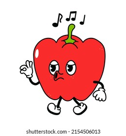 Caricatura graciosa de canto de pimienta. Dibujo a mano del vector tradicional de caricatura vintage, retro, kawaii icono de ilustración del personaje. Fondo blanco aislado. Feliz paseo con pimienta y cantando personajes