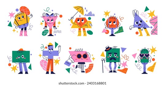 Cute and funny personages with facial expressions. Isolated cross and circle, rectangle and square, oval and triangle figures, learning for children. Vector cartoon character, sticker or emoji