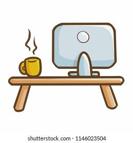 Cute and funny personal computer with cup of coffee on the table - vector