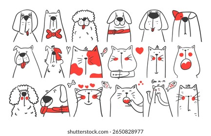 Cute and funny pet portrait set. Hand-drawn cats and dogs. Doodle animals. Vector design