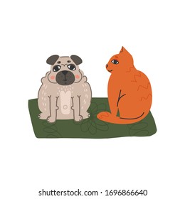 Típicas y divertidas mascotas - pug gordo y su gato rojo amigo se sienta en un tatami cerca. Ilustración aislada dibujada a mano plana.