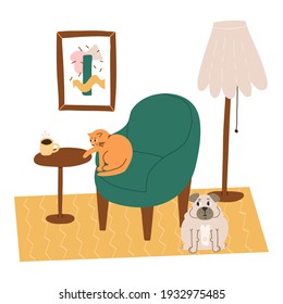 Cute and funny pets mischief scene. A naughty cat reaches for a mug of coffee on a table, a pug nearby cheerfully watches. Vector hand-drawn cartoon style isolated illustration.