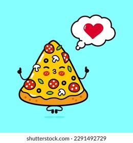 Cute funny piece of pizza doing yoga with speech bubble. Vector hand drawn cartoon kawaii character illustration icon. Isolated on blue background. Pizza in love character concept