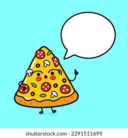 Cute funny piece of pizza with speech bubble. Vector hand drawn cartoon kawaii character illustration icon. Isolated on blue background. Pizza character concept