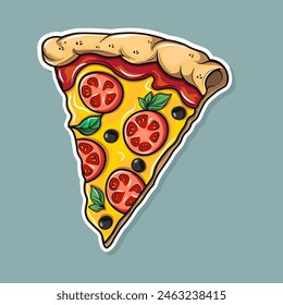 Cute funny piece of pizza sticker. Vector hand drawn cartoon kawaii character illustration icon. Isolated on blue background. Happy piece of pizza character concept