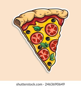 Cute funny piece of pizza sticker. Vector hand drawn cartoon kawaii character illustration icon. Isolated on pink background. Happy piece of pizza character concept