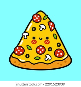 Cute funny piece of pizza. Vector hand drawn cartoon kawaii character illustration icon. Isolated on blue background. Pizza character concept