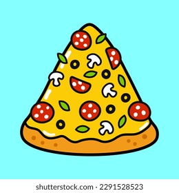 Cute funny piece of pizza. Vector hand drawn cartoon kawaii character illustration icon. Isolated on blue background. Pizza character concept