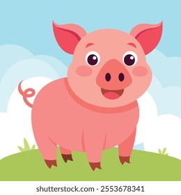 Cute and funny pig. Baby swine standing. Vector illustration piggy character design with flat color. Can be used for design of t-shirts, posters and Baby Shower party and characters.