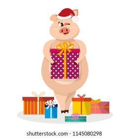 Cute funny pig character. Happy New Year. Chinese symbol of the 2019 year. Festive gift card. Isolated vector illustration. Pig is surrounded by gifts and gives a gift with. Pig wink in Santa Claus