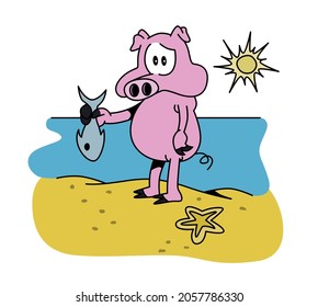 Cute funny pig character standing in the beach and holding a fish with the sea and sand on the background. Cartoon style vector illustration.