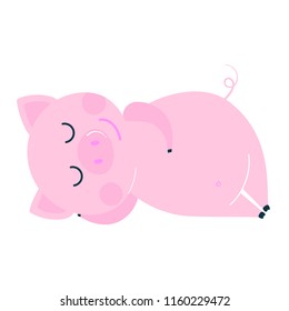 Cute funny pig character - symbol of the 2019 Chinese New Year. Flat style design vector illustration isolated on white background. Cheerful sleeping pink piglet piggy.