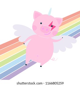 Cute funny pig character - symbol of the 2019 Chinese New Year. Flat style design vector illustration isolated on white background. Cheerful pink piglet piggy in unicorn costume with wings.