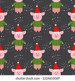 Cute funny pig in a Christmas hat and snowflakes. Seamless pattern on a gray background. Vector illustration. Symbol of the year 2019. Happy New Year.