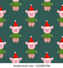 Cute funny pig in a Christmas hat. Seamless pattern. Vector illustration. Symbol of the year 2019. Happy New Year.