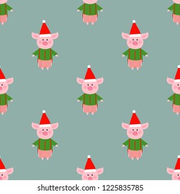 Cute funny pig in a Christmas hat. Seamless pattern. Vector illustration. Symbol of the year 2019. Happy New Year.