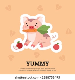 Cute and funny pig eating carrot and apple, poster template - cartoon flat vector illustration. Cheerful farm animal sticker. Adorable pig eats fruits and vegetables.