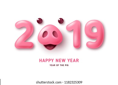 Cute funny pig face for 2019 Chinese New Year on white background. Greeting card and calendar design. Vector illustration.