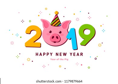 Cute funny pig face in carnival cap for 2019 Chinese New Year. Vector illustration. Typography design for greeting card and calendar.