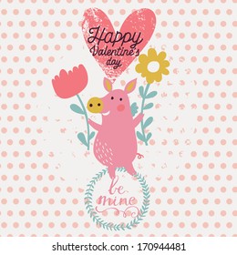 Cute funny pig with flowers in childish vector card. Romantic Valentines day background in pink colors