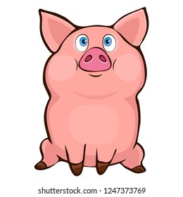 Cute funny pig hand drawing, cartoon character, vector illustration, sticker, print, design element. Colorful painted comical sweet pretty piggy isolated on white background