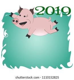 Cute funny pig. Happy New Year. Chinese symbol of the 2019 year. Excellent festive gift card. Vector illustration on green background.