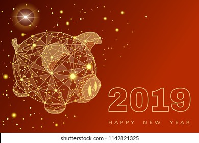 Cute funny pig. Happy New Year. Chinese symbol of the 2019 year. Excellent festive gift card. Vector illustration on red background.