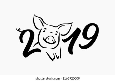 Cute funny pig. Happy New Year. Chinese symbol of the 2019 year. Excellent festive gift card. Vector illustration on white background.